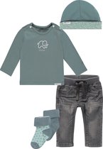 Noppies - Kledingset - 5delig - broek denim grijs - shirt groen - 2 paar sokjes - mutsje mint reversible - Maat 62