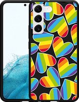 Galaxy S22 Hoesje Zwart Regenboog Hartjes - Designed by Cazy