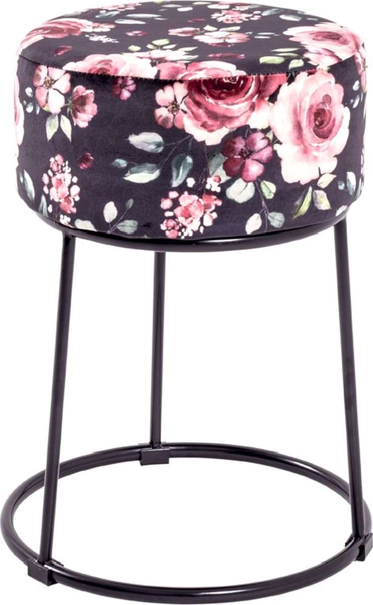 Poef – Rond model met zwart roosmotief – Hocker en voetenbankje – Stijlvolle poef en bijzettafel in één – Elegant en multifunctioneel design