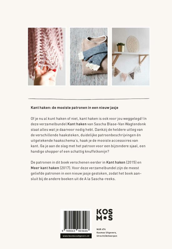 Drie foto's van gebreide items. Een close-up van een roze gebreide stof met gedetailleerd patroon. Een andere foto toont een beige vestje met gebreide randen en blauwe accenten. De derde foto toont een slinger van gebreide vlaggetjes.