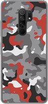 Geschikt voor Xiaomi Redmi 9 hoesje - Camouflage patroon met rode accenten - Siliconen Telefoonhoesje - Verjaardag cadeau tiener