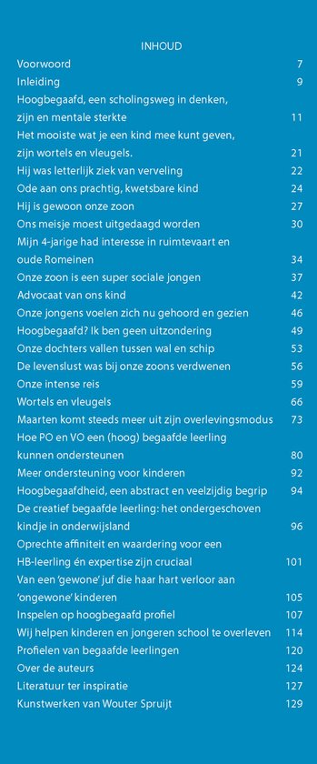 Boekcover met de titel 'INHOUD' en een lijst met hoofdstukken.