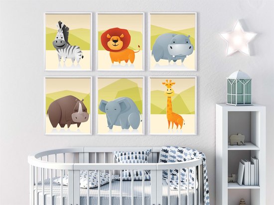 6 Affiches Animaux de la Foret Bebe Enfant a4 Poster Elephant Lion