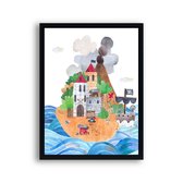 Affiche L'île au trésor des pirates avec panthère et carte au centre - thème pirate / Animaux / 70x50cm