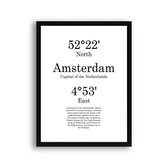 Schilderij  Steden Amsterdam met graden positie en tekst - Minimalistisch / Motivatie / Teksten / 40x30cm