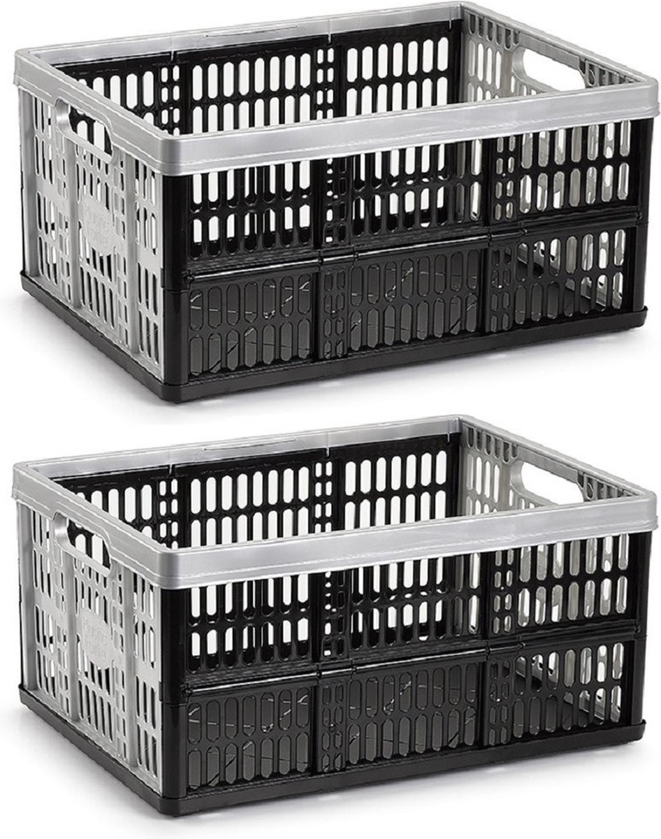 PLASTICFORTE Opvouw krat - 3x - zwart/zilver - 48 x 35 x 24 cm - boodschappen - 32 liter
