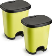 2x Poubelle/poubelle/poubelle à pédale en plastique vert kiwi/noir de 18 litres avec couvercle/pédale 33 x 28 x 40 cm
