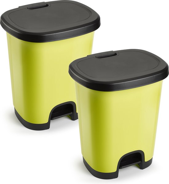 2x Stuks kunststof afvalemmer/vuilnisemmer/pedaalemmer in het kiwi groen/zwart van 18 liter met deksel/pedaal 33 x 28 x 40 cm