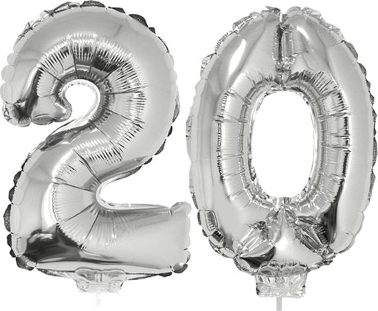 20 jaar leeftijd feestartikelen/versiering cijfers ballonnen op stokje van 41 cm - Combi van cijfer 20 in het zilver