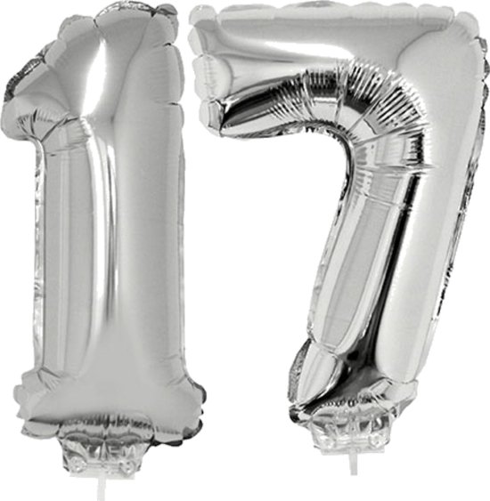 17 jaar leeftijd feestartikelen/versiering cijfers ballonnen op stokje van 41 cm - Combi van cijfer 17 in het zilver