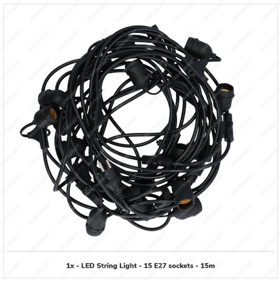 HOFTRONIC Prikkabel - 15 meter - 15 E27 fittingen (excl. lichtbron) - Lampjes slinger voor binnen en buiten - Zwarte kabel rubber - IP65 Waterdicht Lichtsnoer - Verlengbaar met 15 sets - zware kwaliteit H05VV-F 2X1.0mm²
