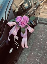 AUTODECO.NL - MIA ROZE Trouwauto Versiering Roze Rozen met Linten - Bloemen op de Auto Bruiloft - Buitenspiegels Decoratie - Trouwerij/ Huwelijk/Bruiloft Decoratie/ Versiering Spie