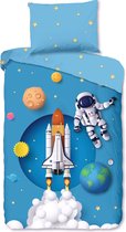 1-persoons jongens dekbedovertrek (dekbed hoes) “spaceworld” helder blauw (aquablauw) met raket / spaceshuttle en astronaut in de ruimte / heelal tussen planeten en sterren KATOEN 140 x 220 c