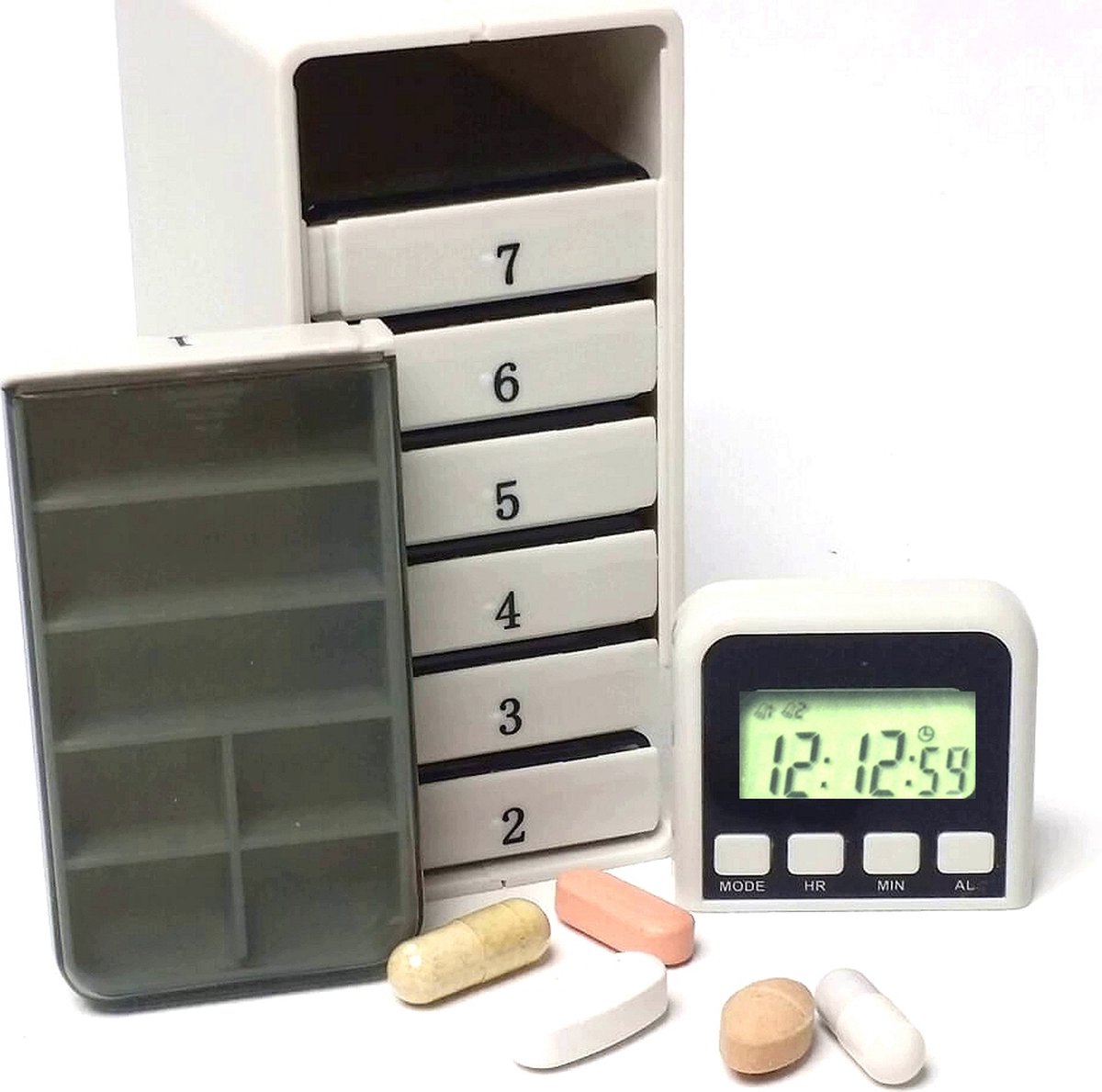 Medicijnalarm Pillbox met 7 alarmen en weeklader met 7 afschuifbare medicijndoosjes.