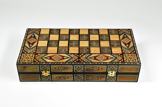 Thumbnail van een extra afbeelding van het spel Luxe 2 in 1 Schaakbord en Backgammon Set A40 - Houten handgemaakte Opvouwbaar - Ingelegd met Parelmoer - met Schaak en Backgammon stukken