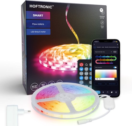 HOFTRONIC - Smart LED Strip 5m - RGB Flow Colors - WiFi + Bluetooth - 16,5 miljoen kleuren met 120 LEDs - Music Sync - Met afstandsbediening - Zelfklevend - Voor Google Home, Amazon Alexa en Siri