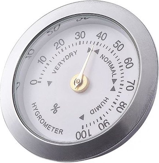 Hygrometer analoog zilverkleurig 37 mm groot 9 mm dik kleine