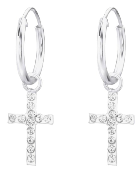 Joy|S - Zilveren kruis oorbellen - kristal bedel - oorringen