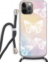 Case Company® - iPhone 12 Pro hoesje met Koord - White butterfly - Telefoonhoesje met Zwart Koord - Extra Bescherming aan alle Kanten en Over de Schermrand