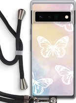 Case Company® - Google Pixel 6 Pro hoesje met Koord - White butterfly - Telefoonhoesje met Zwart Koord - Bescherming aan alle Kanten en Over de Schermrand