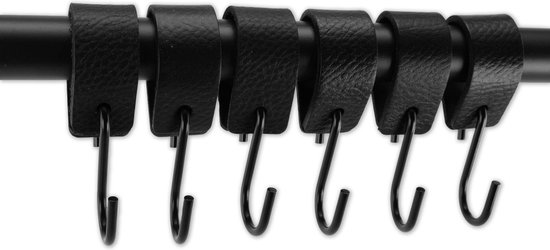 Brute Strength - Leren S-haak hangers - Zwart - 6 stuks - 12,5 x 2,5 cm – Zwart zilver – Leer - handdoekhaakjes - Ophanghaken – kapstokhaak