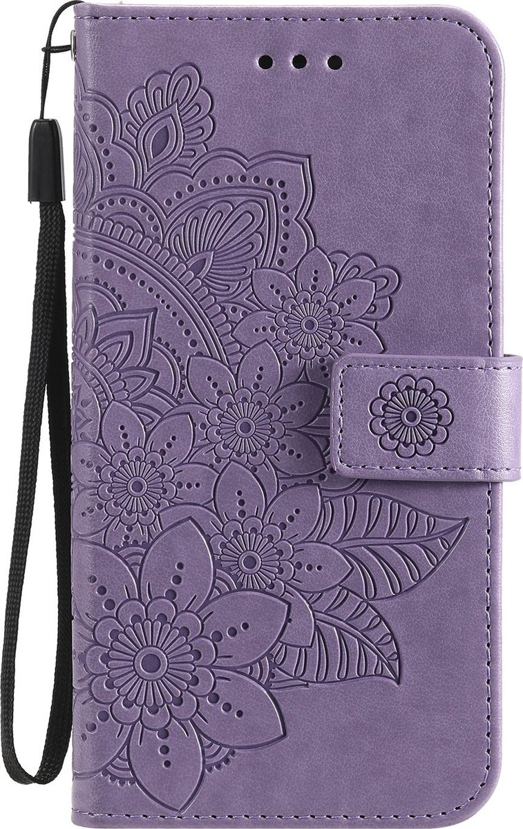 Mobigear Telefoonhoesje geschikt voor OPPO A74 5G Hoesje | Mobigear Flowers Bookcase Portemonnee | Pasjeshouder voor 3 Pasjes | Telefoonhoesje voor Pinpas / OV Kaart / Rijbewijs - Paars