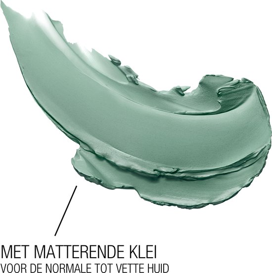 Een veeg van mintgroene foundation met de tekst 'Met matterende klei voor de normale tot vette huid'.