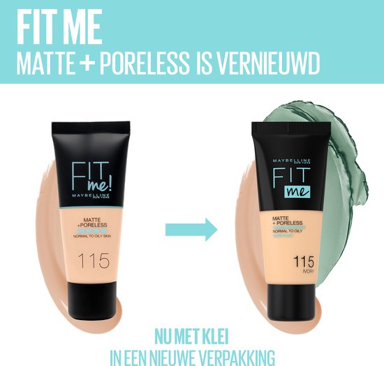 Vergelijking van oude en nieuwe verpakking van Maybelline Fit Me Matte + Poreless foundation.