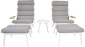 Chaises lounge longues Set Ventus - 2 chaises avec tabouret et table d'appoint - Aluminium - Wit - Incl. Coussins