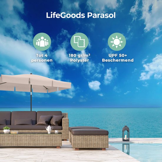 LifeGoods Parasol - 200x125cm - 30° Kantelbaar - Waterdicht - met Hoes - Taupe