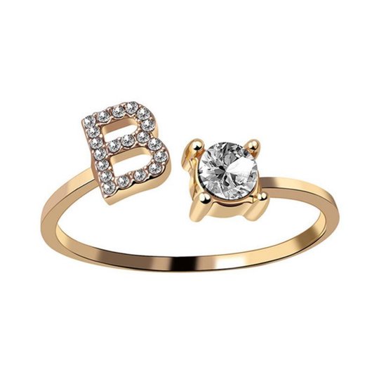 Ring Met Letter - Ring Met Steen - Letter Ring - Ring Letter - Initial Ring - (Zilver 925) Gold-Plated Letter B - Cadeautje voor haar