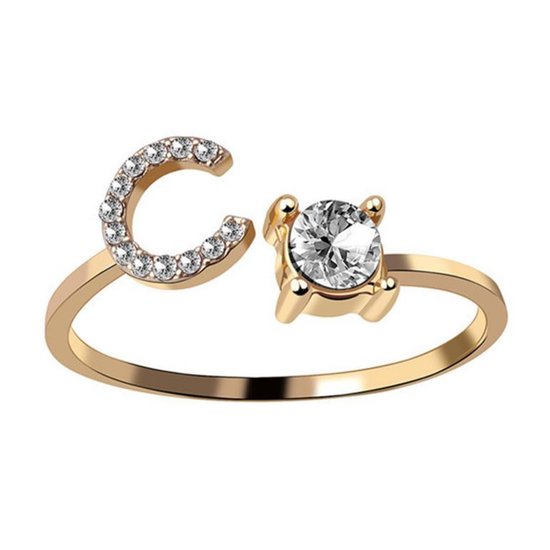 Ring Met Letter - Ring Met Steen - Letter Ring - Ring Letter - Initial Ring - (Zilver) Gold-Plated Letter C - Cadeautje voor haar