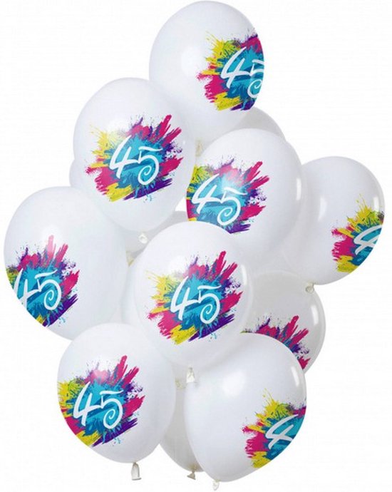 ballonnen Color Splash 45 Jaar 30 cm latex wit 12 stuks