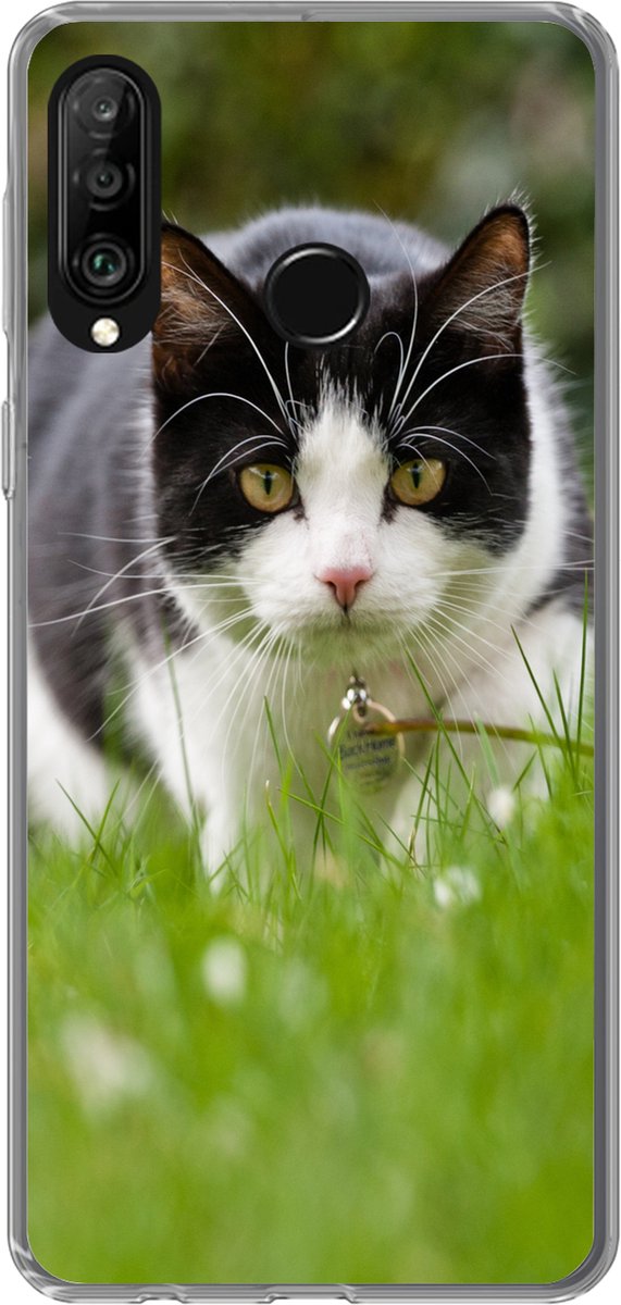 Telefoonhoesje Geschikt voor Huawei P30 Lite hoesje - Kat - Gras - Zwart - Wit - Meisjes - Kinderen - Jongens - Kids - Siliconen Telefoonhoesje Telefoonhoesje