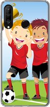 Geschikt voor Huawei P30 Lite hoesje - Een illustratie van twee voetballers die een prijs hebben gewonnen - Jongens - Meisjes - Kind - Siliconen Telefoonhoesje