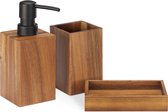 Ensemble de salle de bain 3 pièces Navaris en bois - Set avec porte-brosse à dents, pompe à savon et porte-savon - Résistant à l'humidité - En bois d'acacia naturel