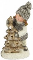 kerstfiguur Patrek meisje led 14,5 cm keramiek grijs