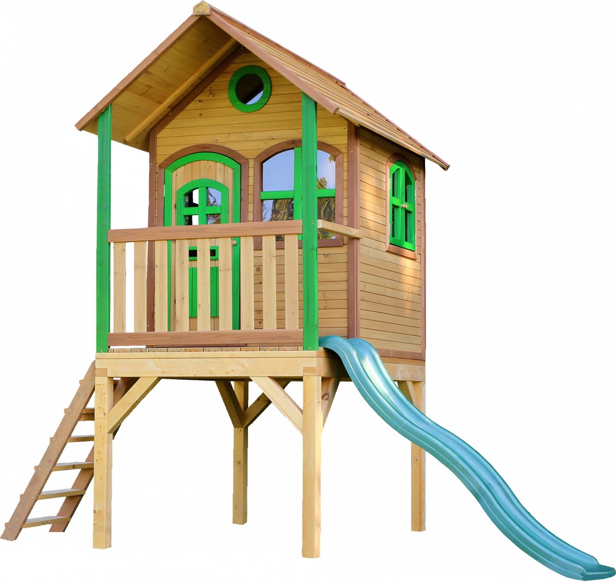 AXI Laura Speelhuis in Bruin/Groen - Met Verdieping en Groen Glijbaan - Speelhuisje voor de tuin / buiten - FSC hout - Speeltoestel voor kinderen