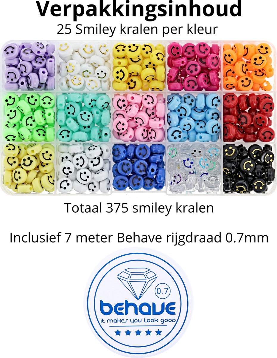 Behave Smiley Kralen Set 375 Stuks - 15 Kleuren - Kralen Doos - DIY Sieraden Maken - Knutselen Meisjes - Incl. Rijgdraad — afbeelding 7