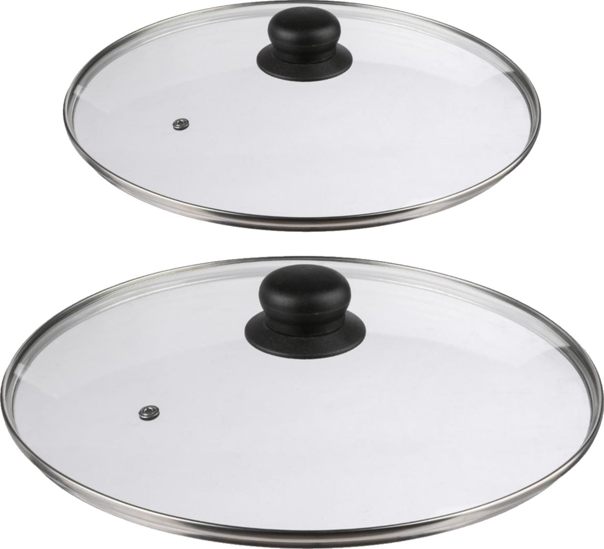 Lot de 2 couvercles universels, verre, universel, rebord silicone, trou  vapeur, Casseroles, poêles, D 20-24 cm, noir