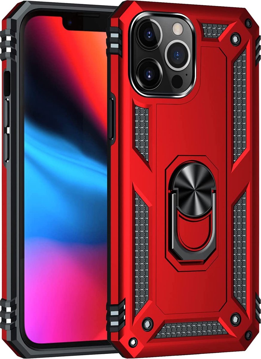 Dawngrey-hoesje voor mobiele telefoon- voor iPhone 13 Pro max(6.7inch)- met magnetische autohouder, gepantserd ontwerp met geïntegreerde 360 ​​° roterende ringstandaard voor slag- en schokbestendigheid (metallic rood)