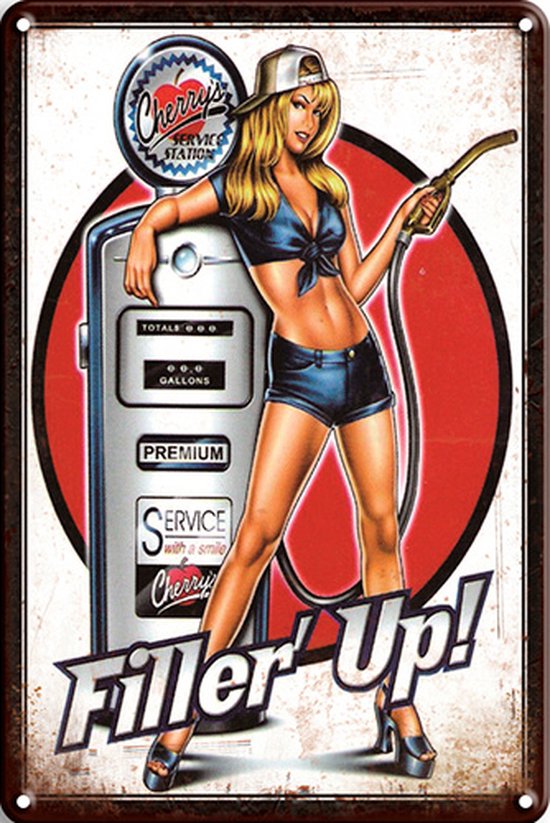 Signs-USA - Retro wandbord - metaal - Filler Up - Gas Station Pin Up - 30 x 40 cm