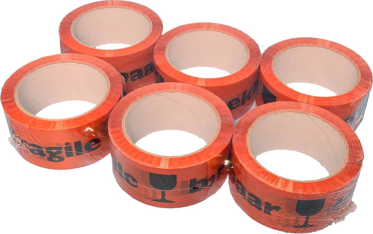 Breekbaar Tape - 6 rollen - 48mm x 66 meter - Waarschuwingstape - PP tape Acryl - Fragile Plakband - Oranje/Zwart - Ace Verpakkingen