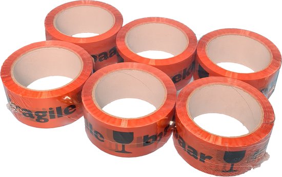 Breekbaar Tape - 6 rollen - 48mm x 66 meter - Waarschuwingstape - PP tape Acryl - Fragile Plakband - Oranje/Zwart