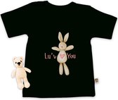 T-shirt Bébé - Boutons en bois - Love you Lapin - Pour garçons et filles - Disponible dans les tailles : 50 62 74 86 - Couleurs du tshirt : Zwart et Wit.