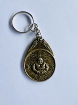 Boeddha KwanYin & lachende dikbuik Boeddha & Feng Shui Draak Sleutelhanger met dubbelzijdig patroon bronskleur