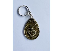 Boeddha KwanYin & lachende dikbuik Boeddha & Feng Shui Draak Sleutelhanger met dubbelzijdig patroon bronskleur