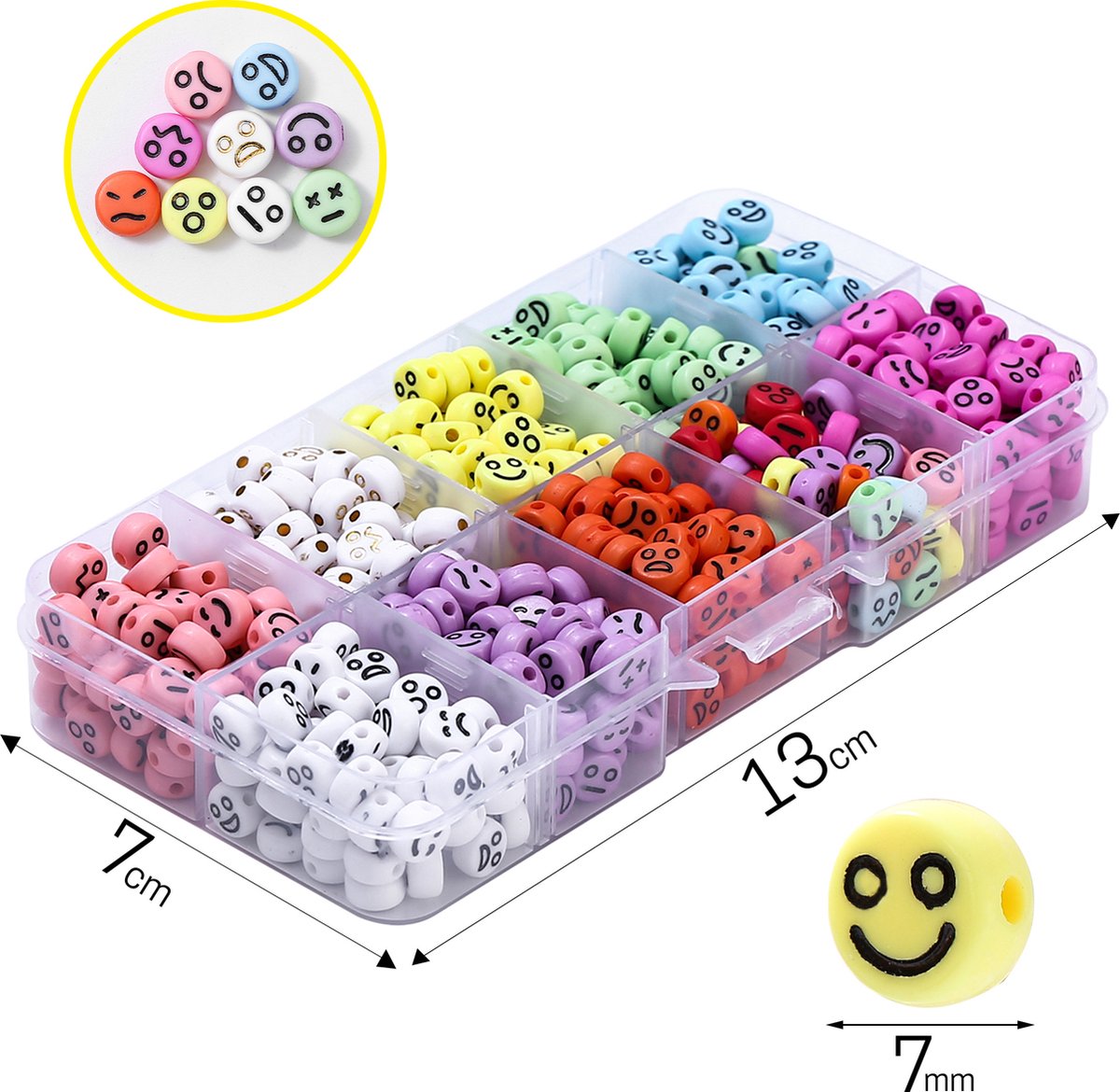 Behave Smiley Kralen Set - Knutselen Meisjes - Emoji Kralen - DIY Sieraden maken - Rijgdraad - 10 Kleuren - 7x4mm - 65 Kralen per Kleur - Totaal 650 Stuks — afbeelding 5