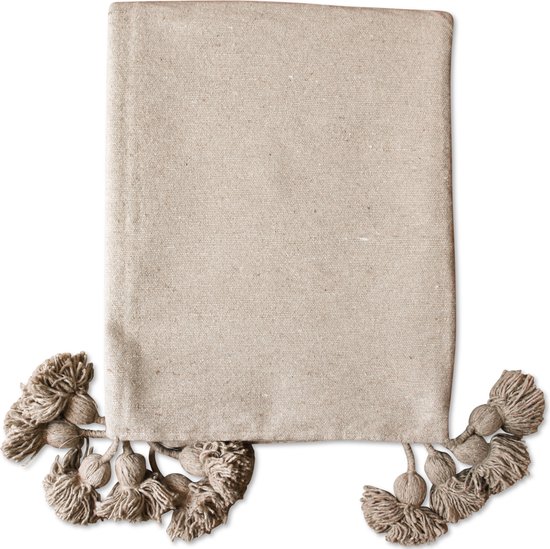 Plaid - Couverture à pompons - Tissé à la main en laine et coton - 1 x 2 m - À carreaux
