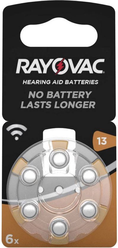 Rayovac 13 gehoorapparaatbatterijen, 6 stuks, met slogan 'Geen batterij gaat langer mee'
